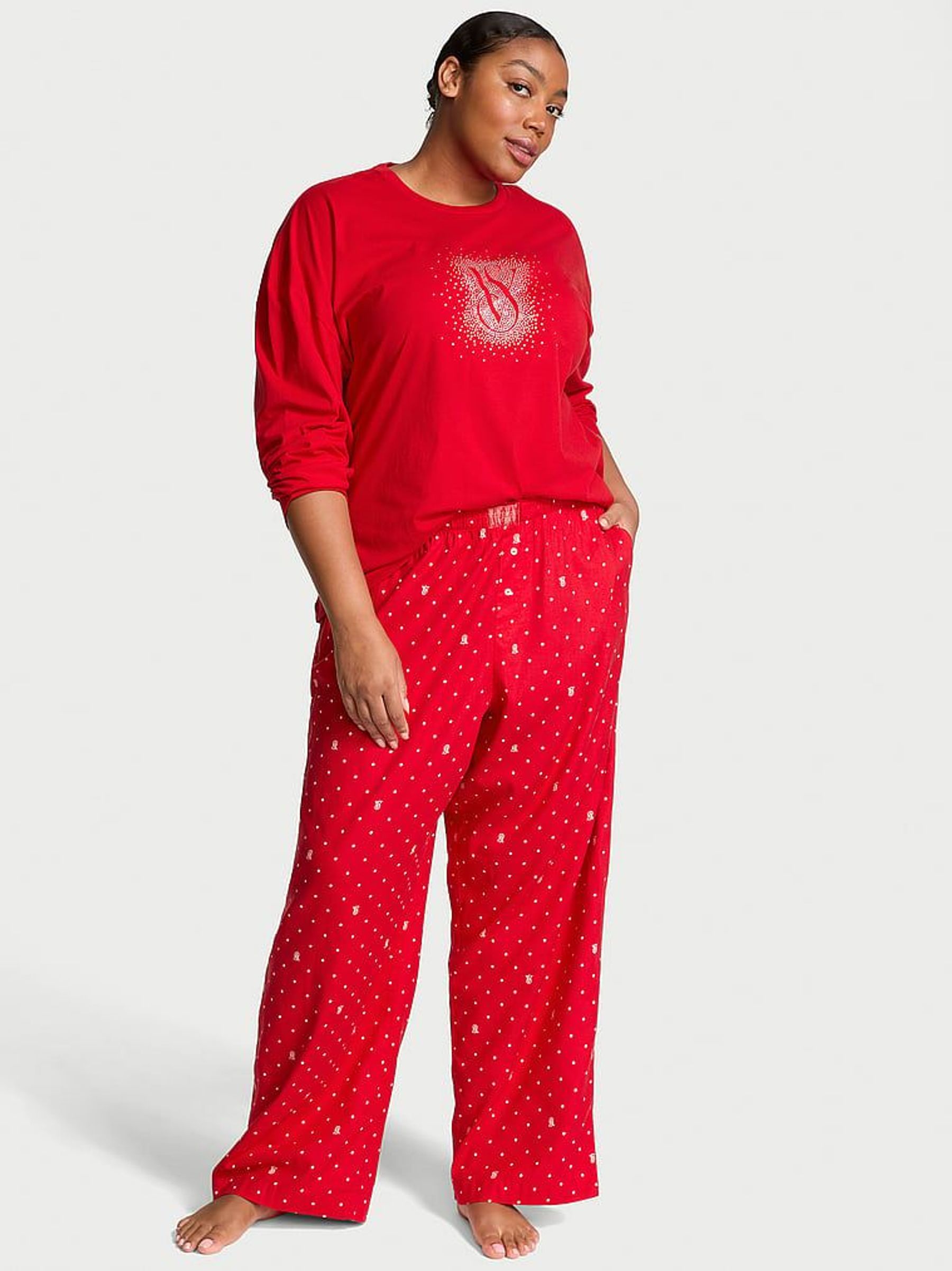 Lipstick Red Pin Dot Long Sleeve T-Shirt Flannel Pyjama Set (E11971) | £24