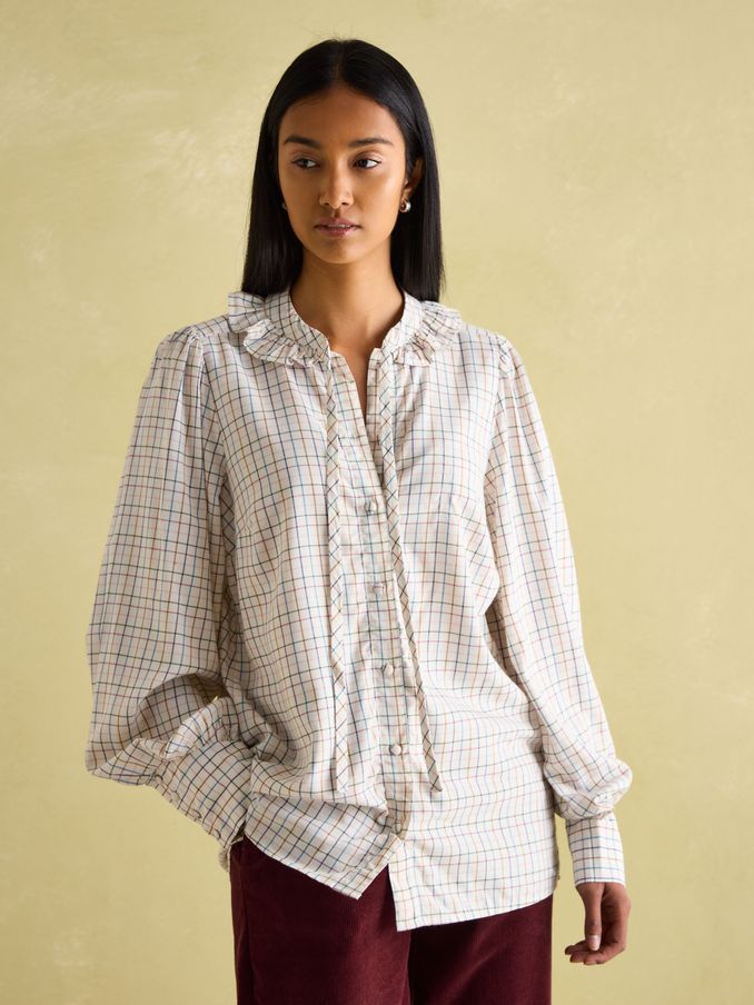 Harper Check Cotton Tie Neck Blouse