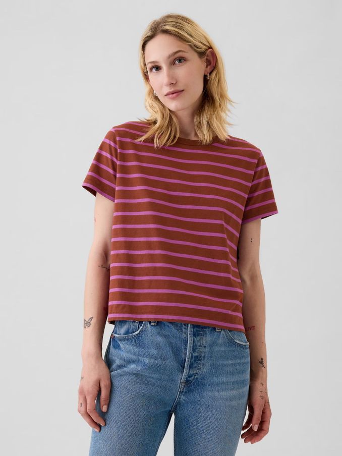 Red Stripe Crew Neck Cotton Vintage Shrunken T-Shirt (E13328) | £10