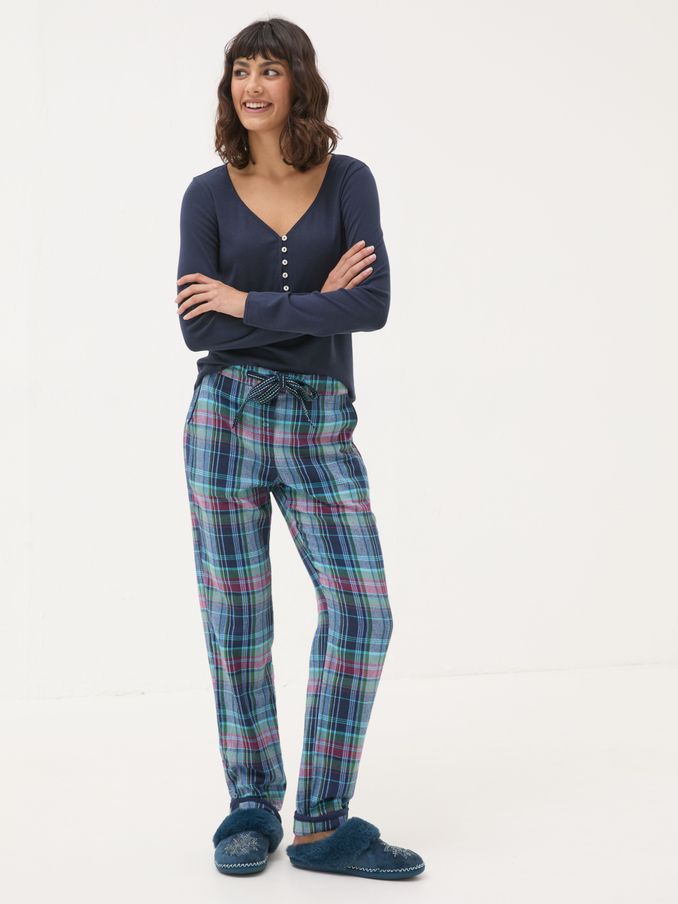Eva Sparkle Blue Navy Check 100% Cotton Pyjama Bottoms (E14045) | £20