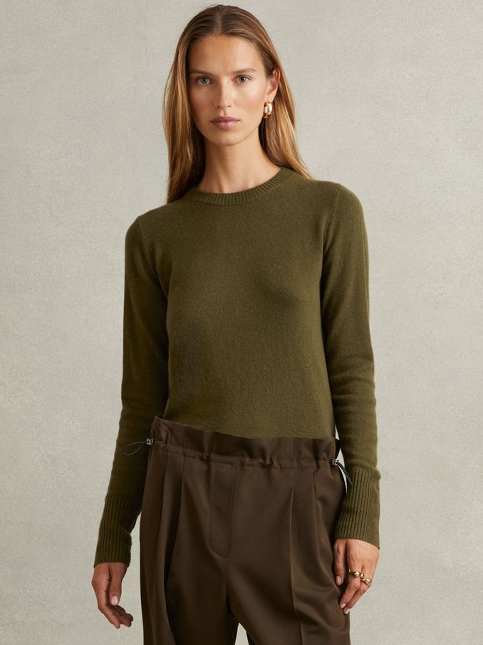 Wool Blend Crew Neck Jumper with Cashmere in Khaki (E14720) | £29