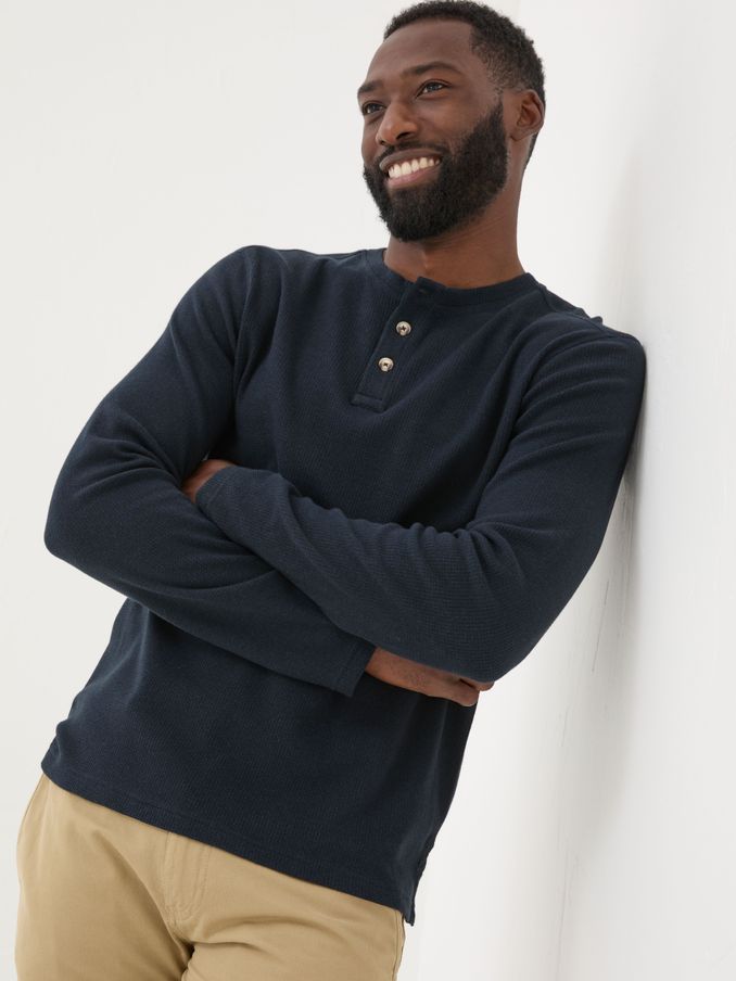 Navy Textured Henley 100% Cotton T-Shirt (E19783) | £26