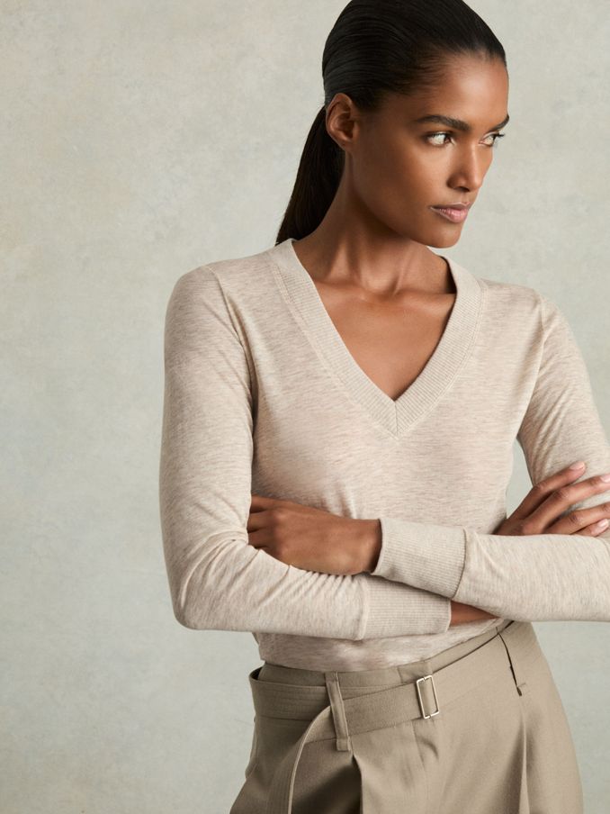 Lyocell-Wool Marled V-Neck Top in Stone (E19934) | £26
