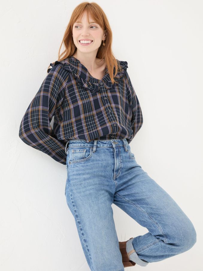 Navy 100% Cotton Nina Ruffle Blouse (E22589) | £30
