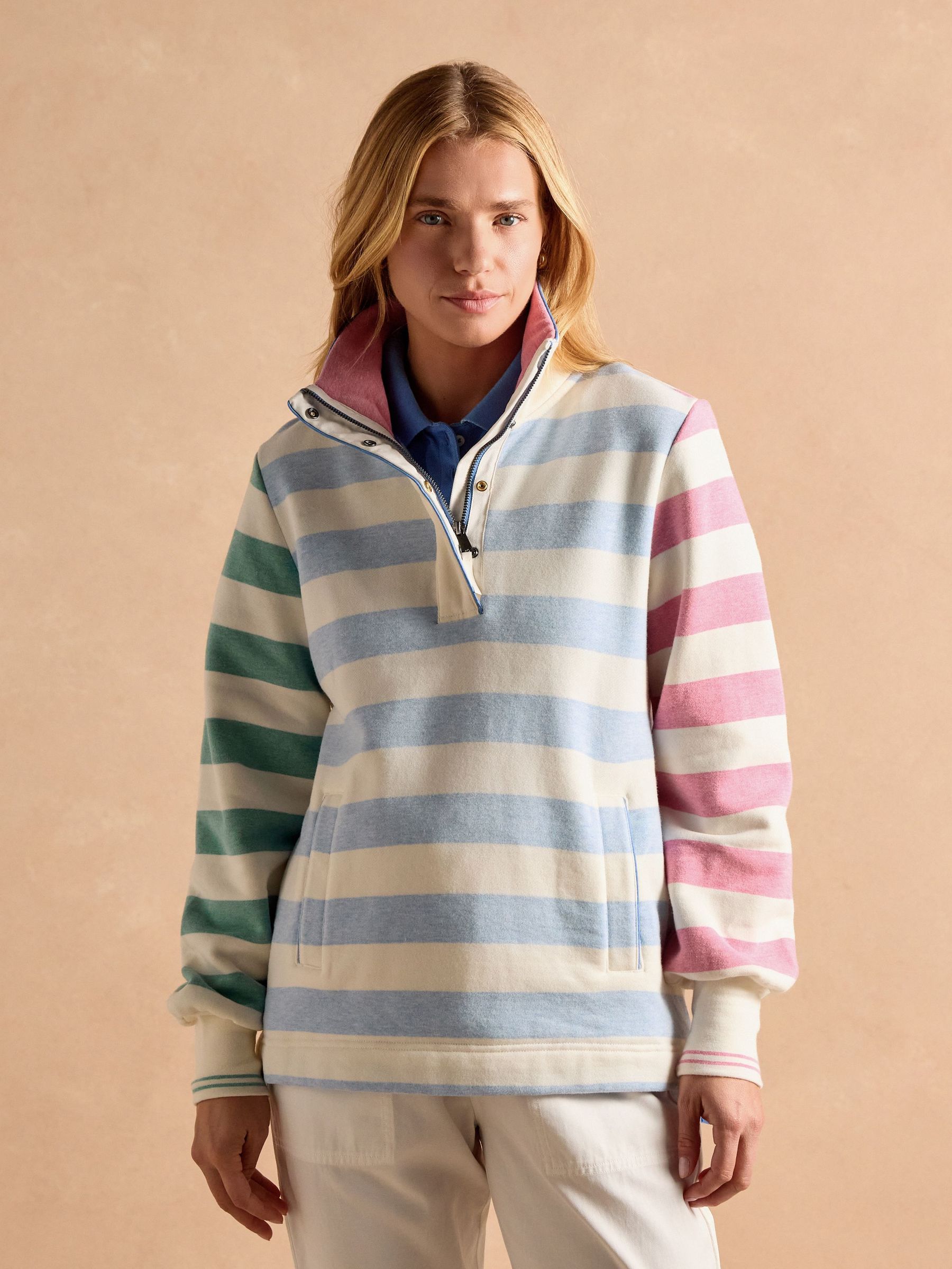 Burnham White & Blue Stripe Cotton Funnel Neck Quarter Zip Sweatshirt (E22856) | £70