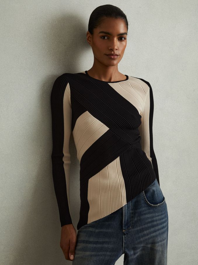 Judy Black/Camel Knitted Colourblock Asymmetric Top (E26340) | £48