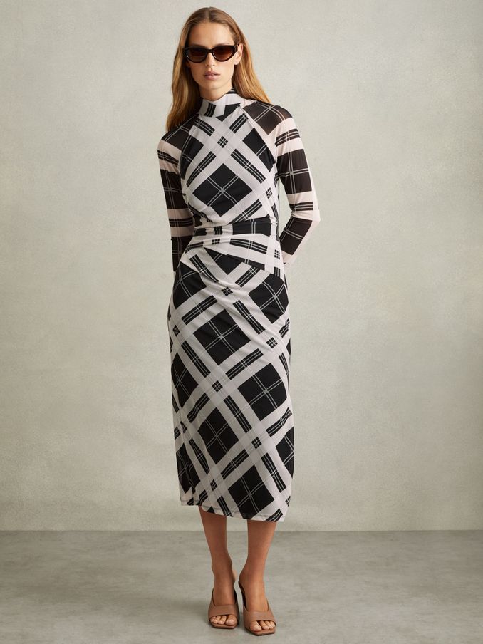 Darla Black/Ivory Checked Ruched Midi Dress (E26358) | £39