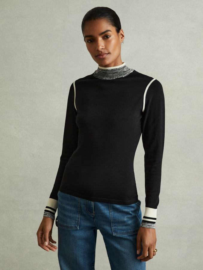 Knitted Contrast High Neck Jumper in Black/Cream (E26486) | £35