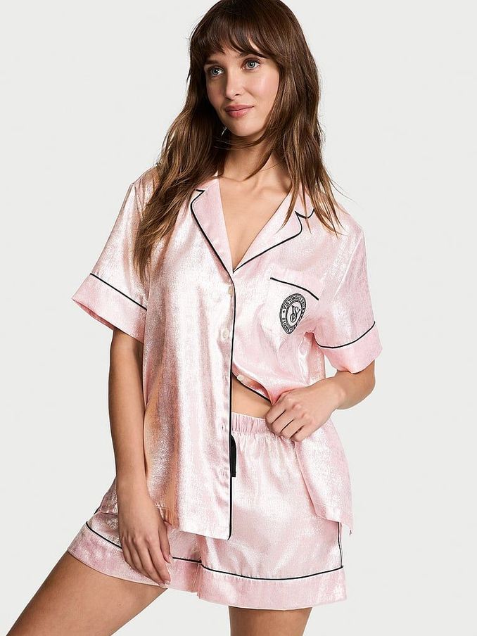 Pretty Blossom Fiona Foil Pink Satin Short Pyjama Set (E26719) | £65