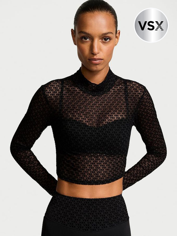 Black Logo Mesh Long Sleeve Crop Top (E26722) | £45