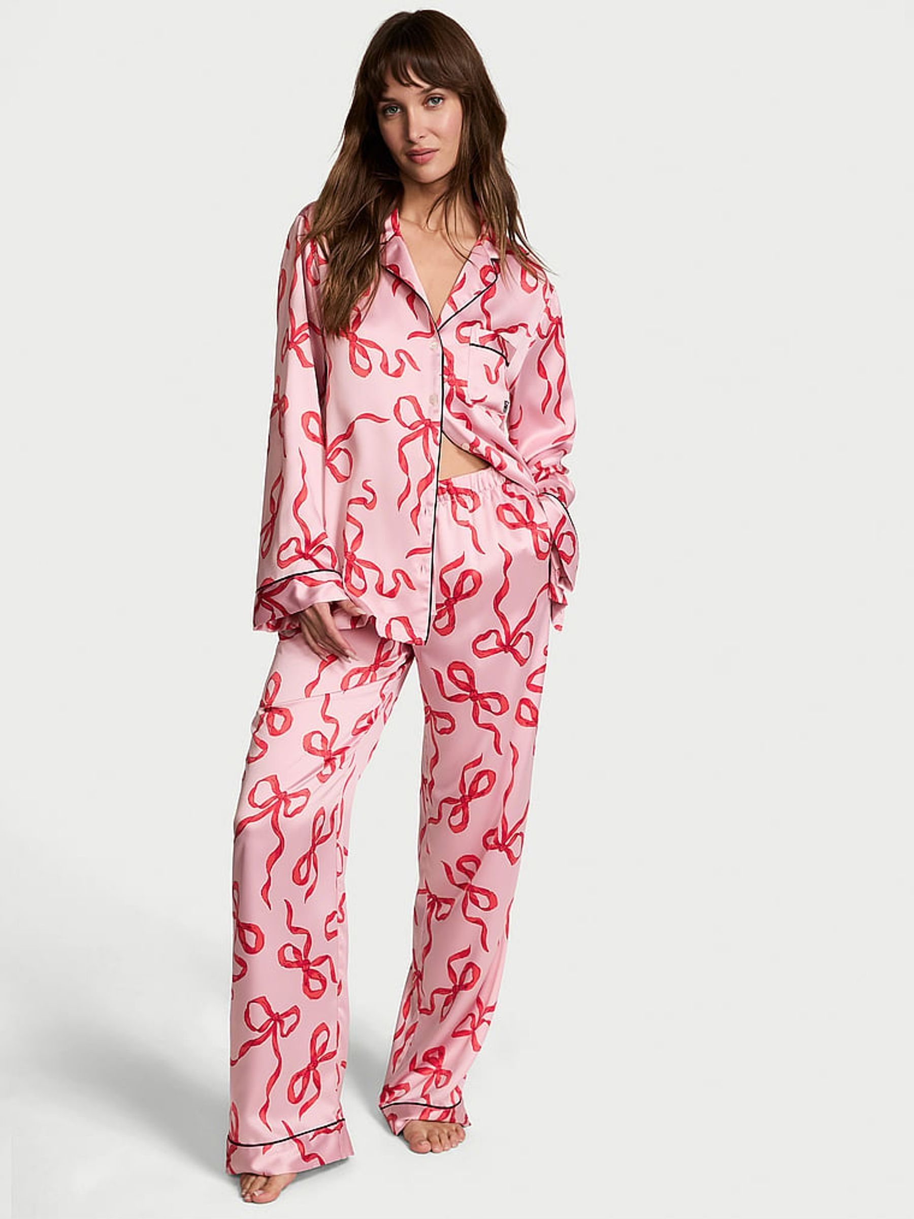 Chalk Rose/Lipstick Bows Pink Satin Long Pyjama Set (E26750) | £34