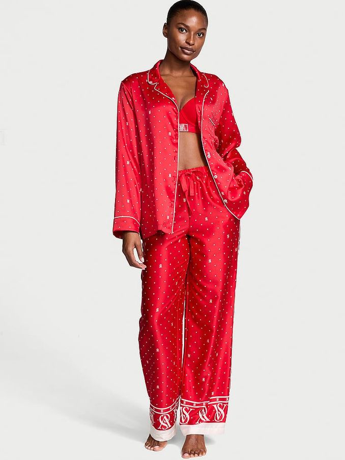 Lipstick Red Logo Pin Dot Satin Long Pyjama Set (E26753) | £69
