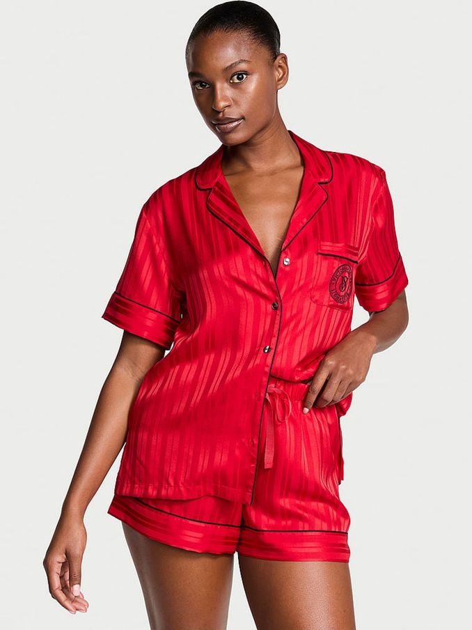 Lipstick Red Stripe Jacquard Satin Short Pyjama Set (E26770) | £65