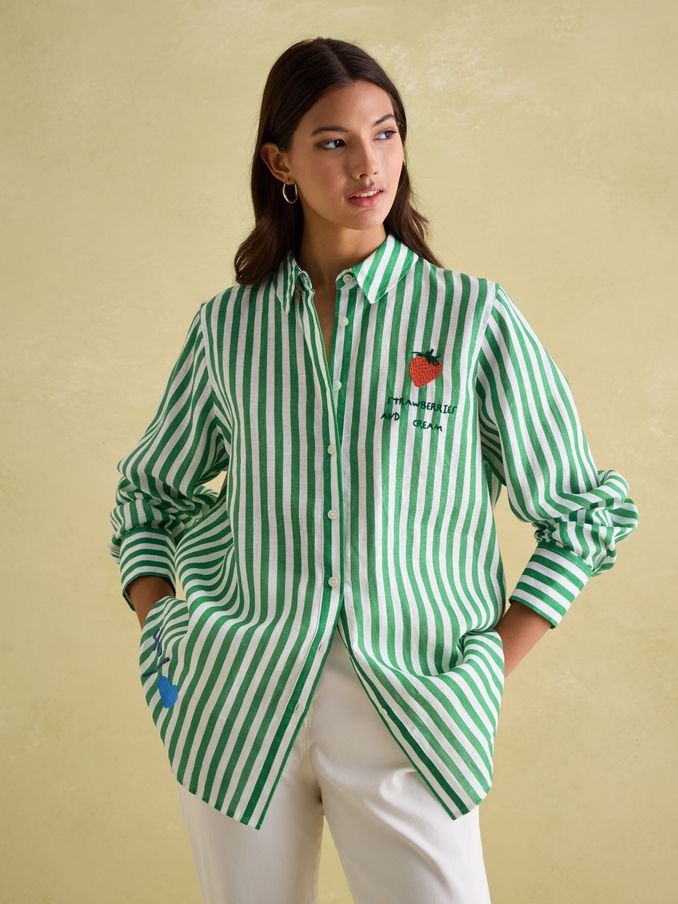Set Match Green & White 100% Linen Shirt with Tennis Embroidery (E30034) | £46