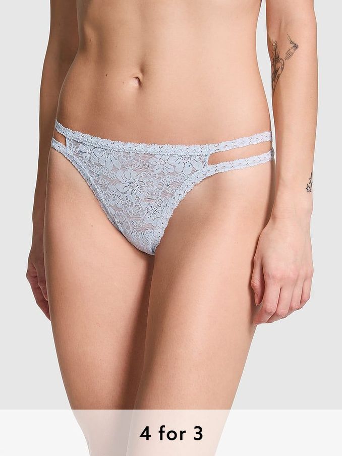 Hydrangea Blue Diamante Thong Floral Lace Knickers (E31161) | £9
