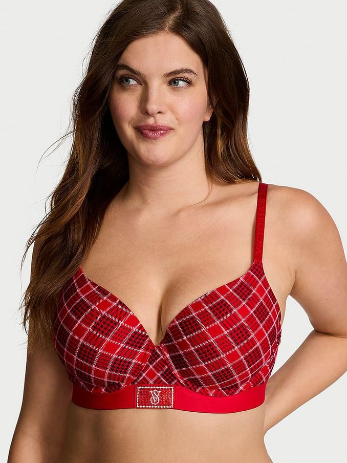 Lipstick Plaid Red Lightly Lined Demi Shine Patch Bra (E31174) | £15