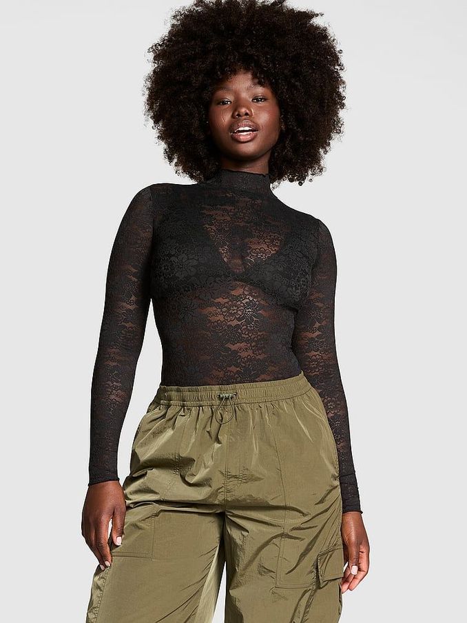 Black Lace Mock Neck Bodysuit (E31197) | £35