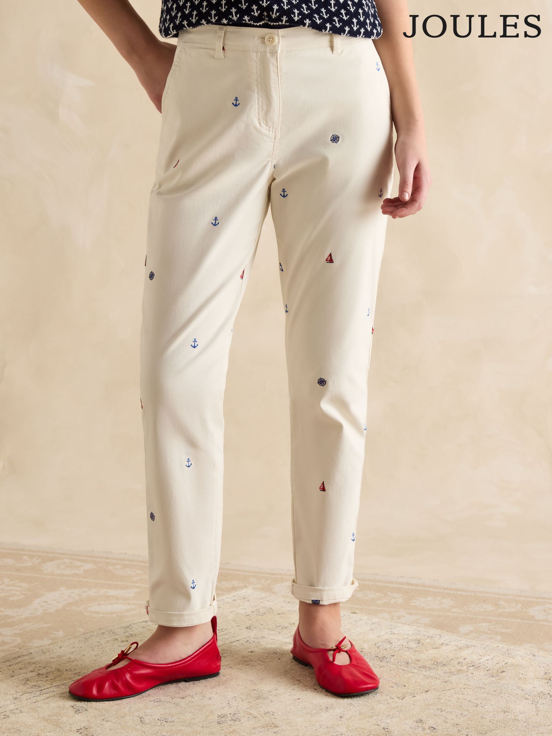 Slim Fit Cream Embroidered Chino Trousers (E32946) | £65