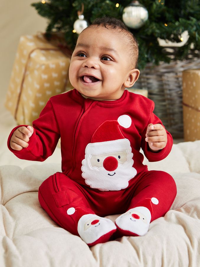Red Santa Cotton Christmas Zip Appliqué Sleepsuit (E33478) | £11