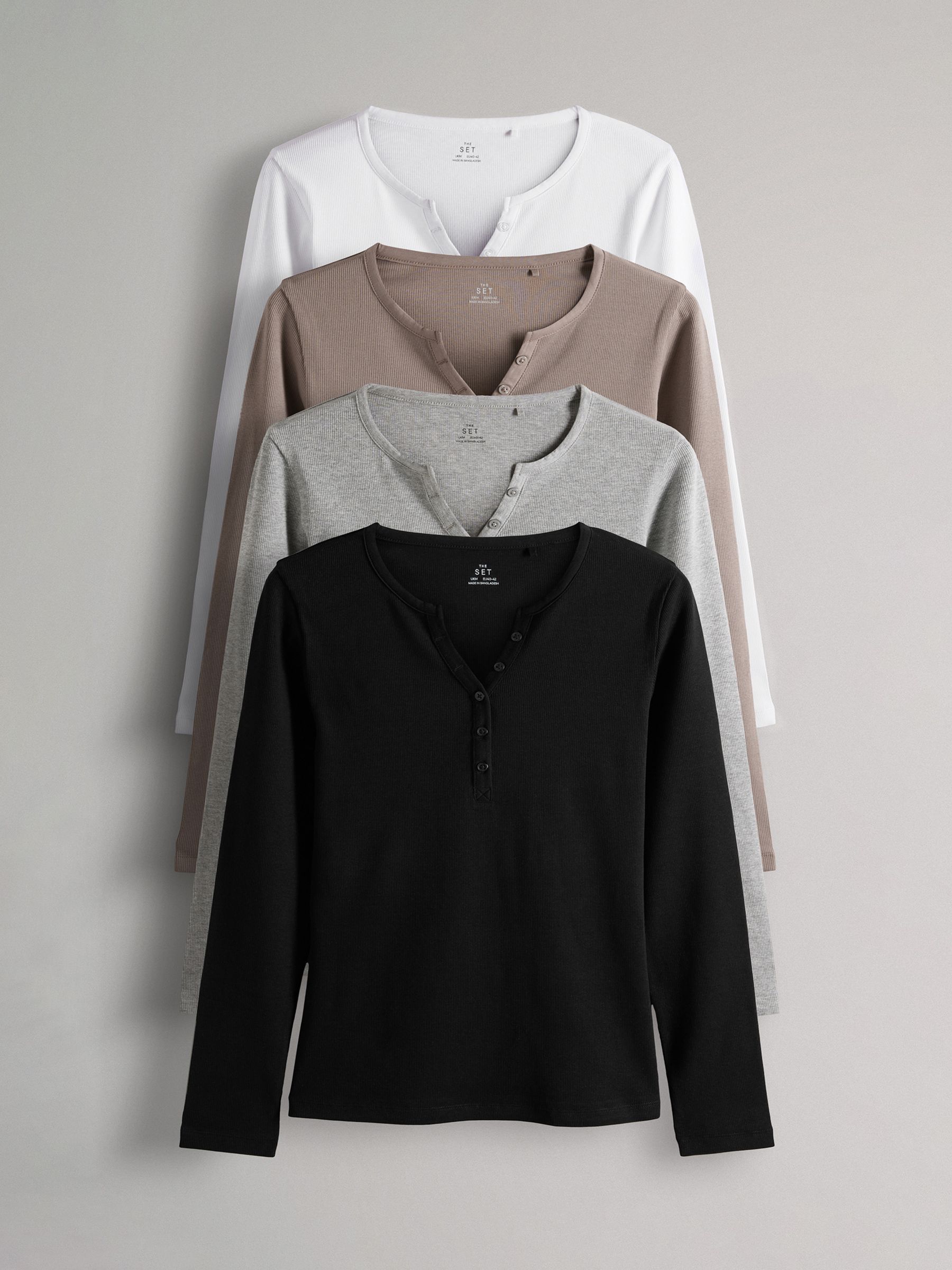 Black/White/Light Grey/Taupe Brown - 4 Pack Ribbed Henley Long Sleeve T-Shirts (E33712) | £30