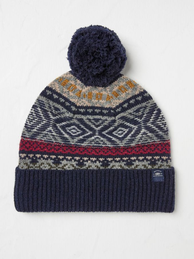 Navy Textured Fairisle Pattern Bobble Hat (E33862) | £9