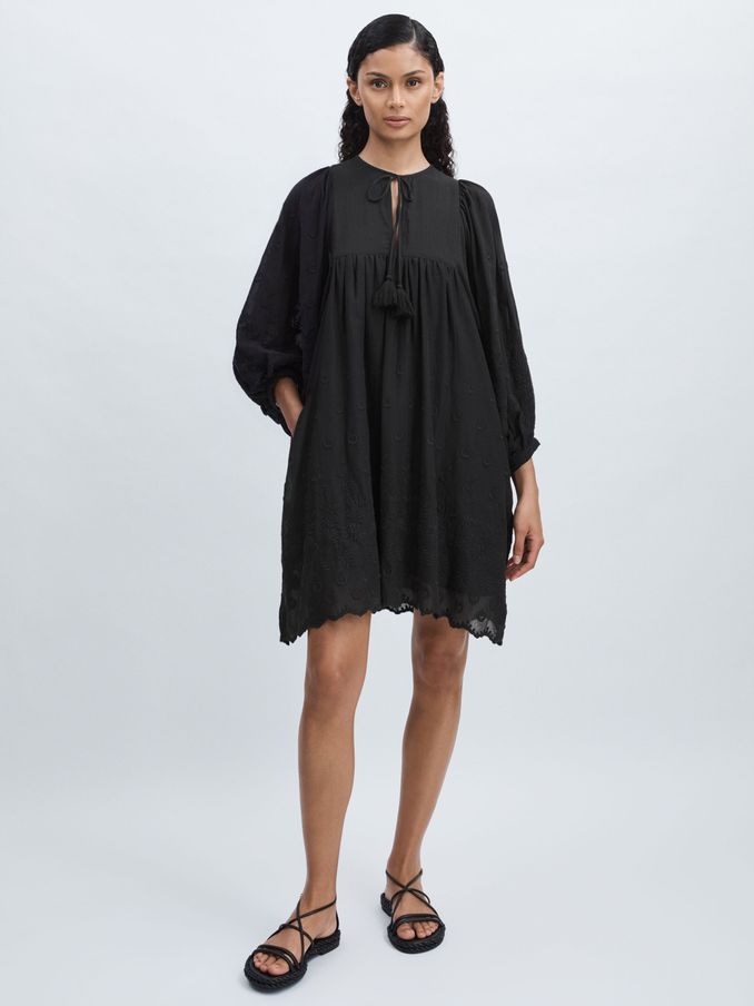 Mille Cotton Puff Sleeve Mini Dress in Black (E35486) | £118