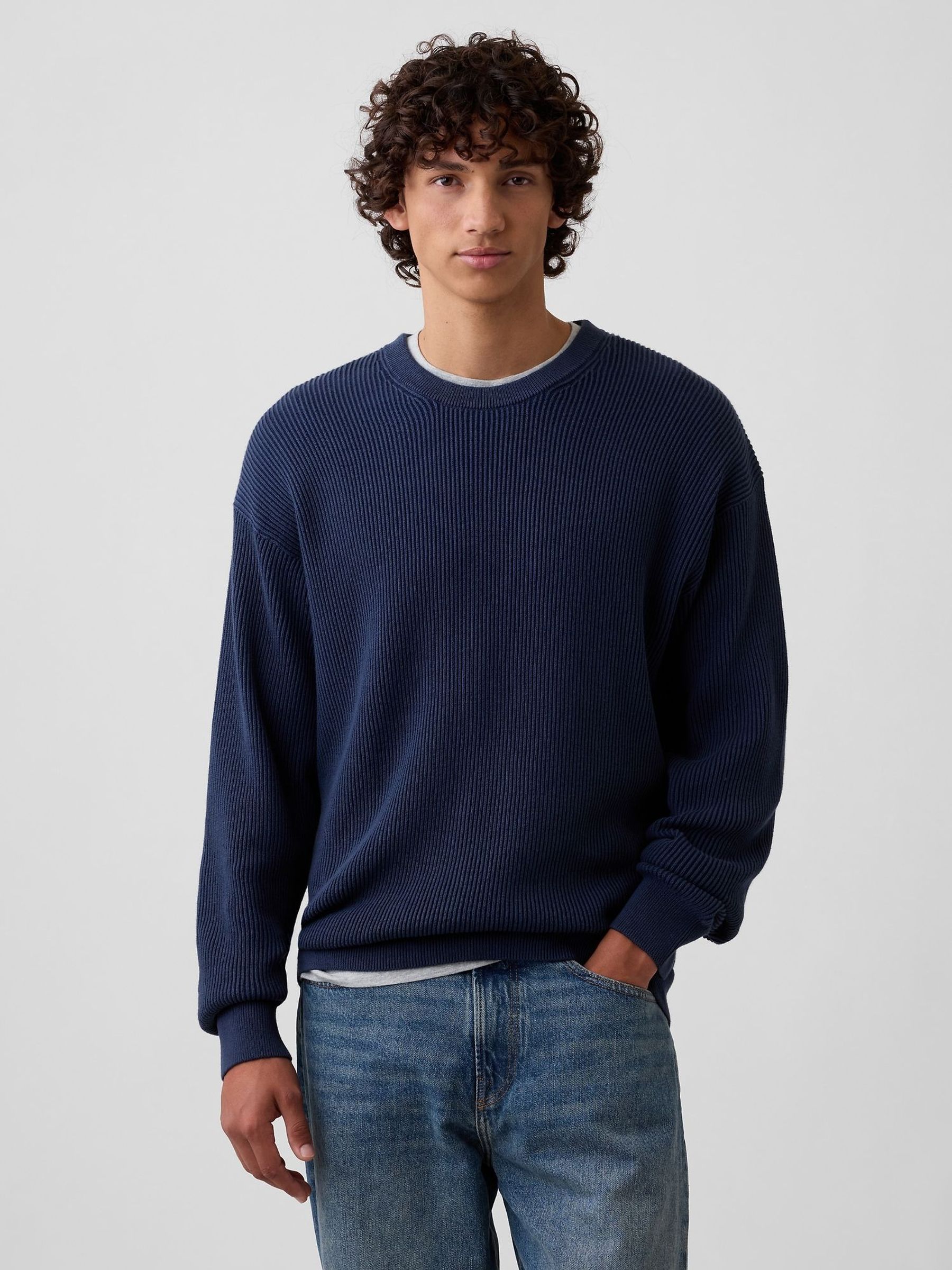 Navy - Regular Relaxed Fisherman Stitch Crew Neck Jumper