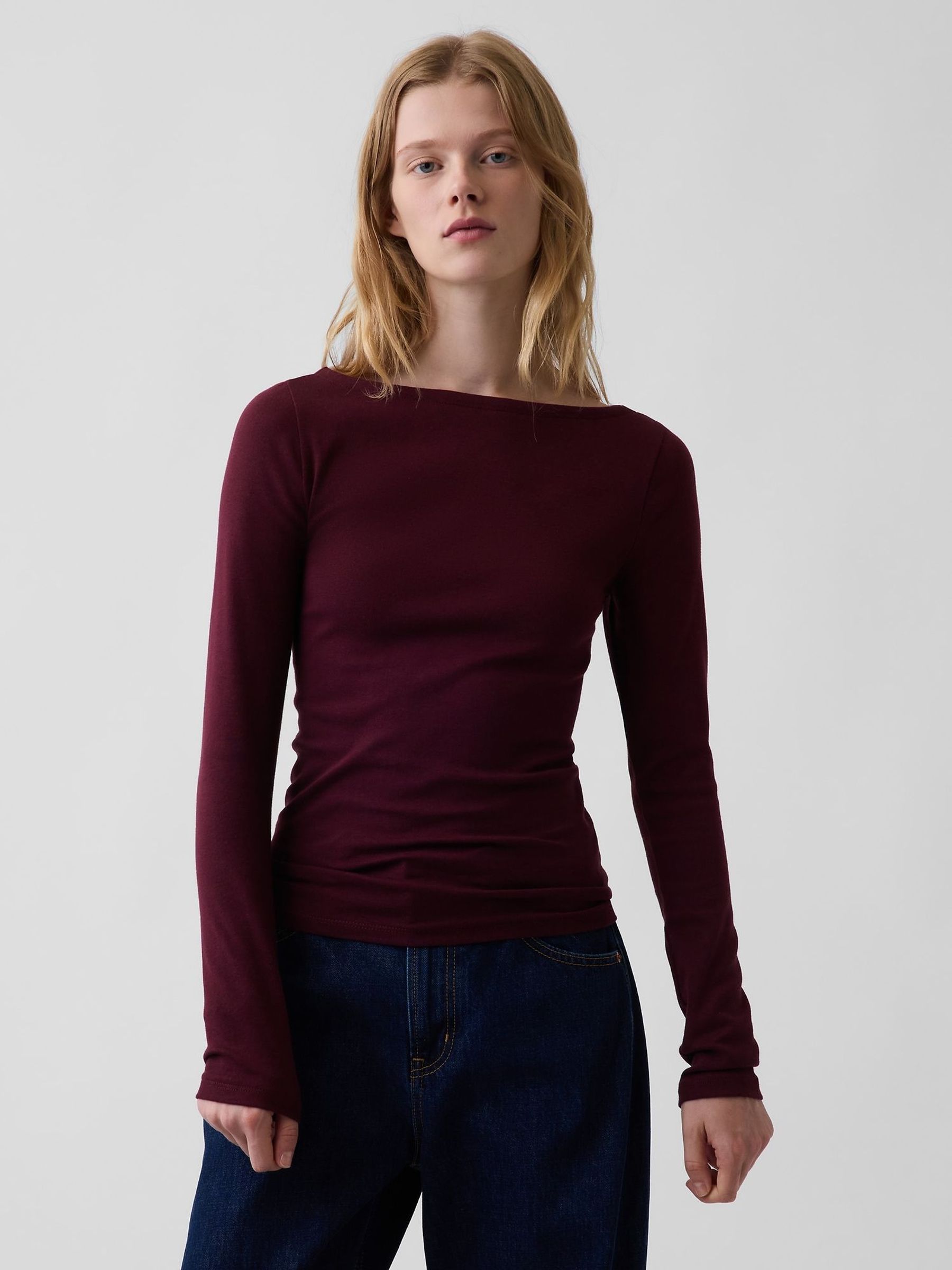 Burgundy - Modern Boat Neck Long Sleeve T-shirt