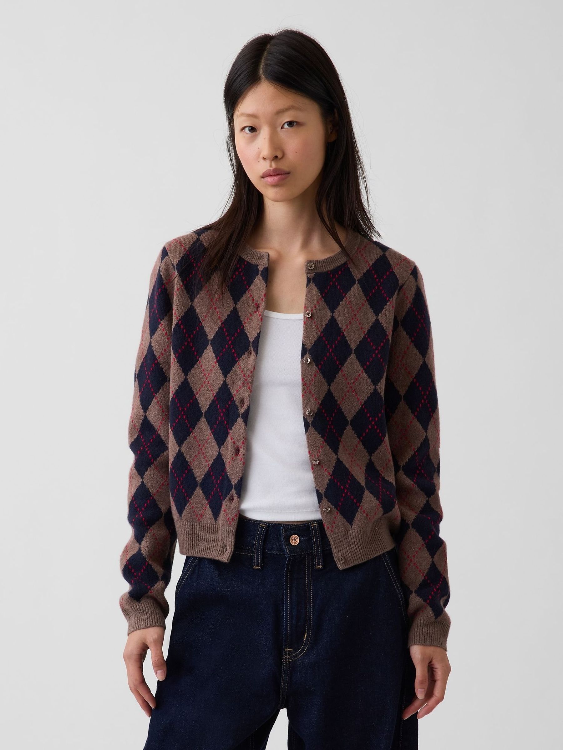 Brown/Navy Argyle - Cashsoft Crop Cardigan