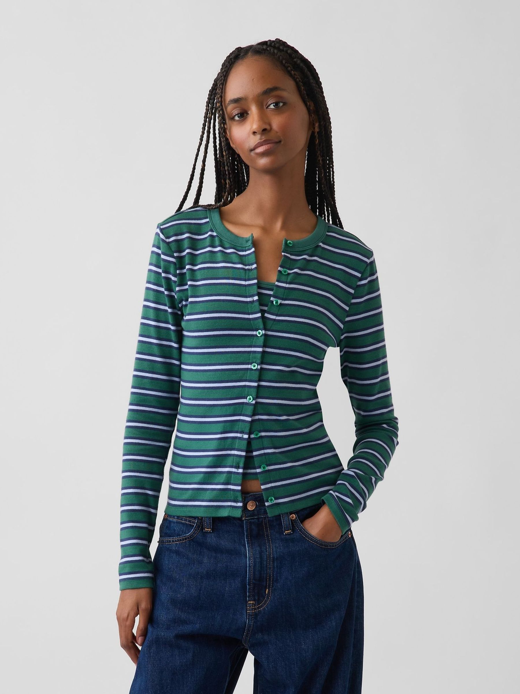 Green Stripe - Modern Crew Neck Cardigan