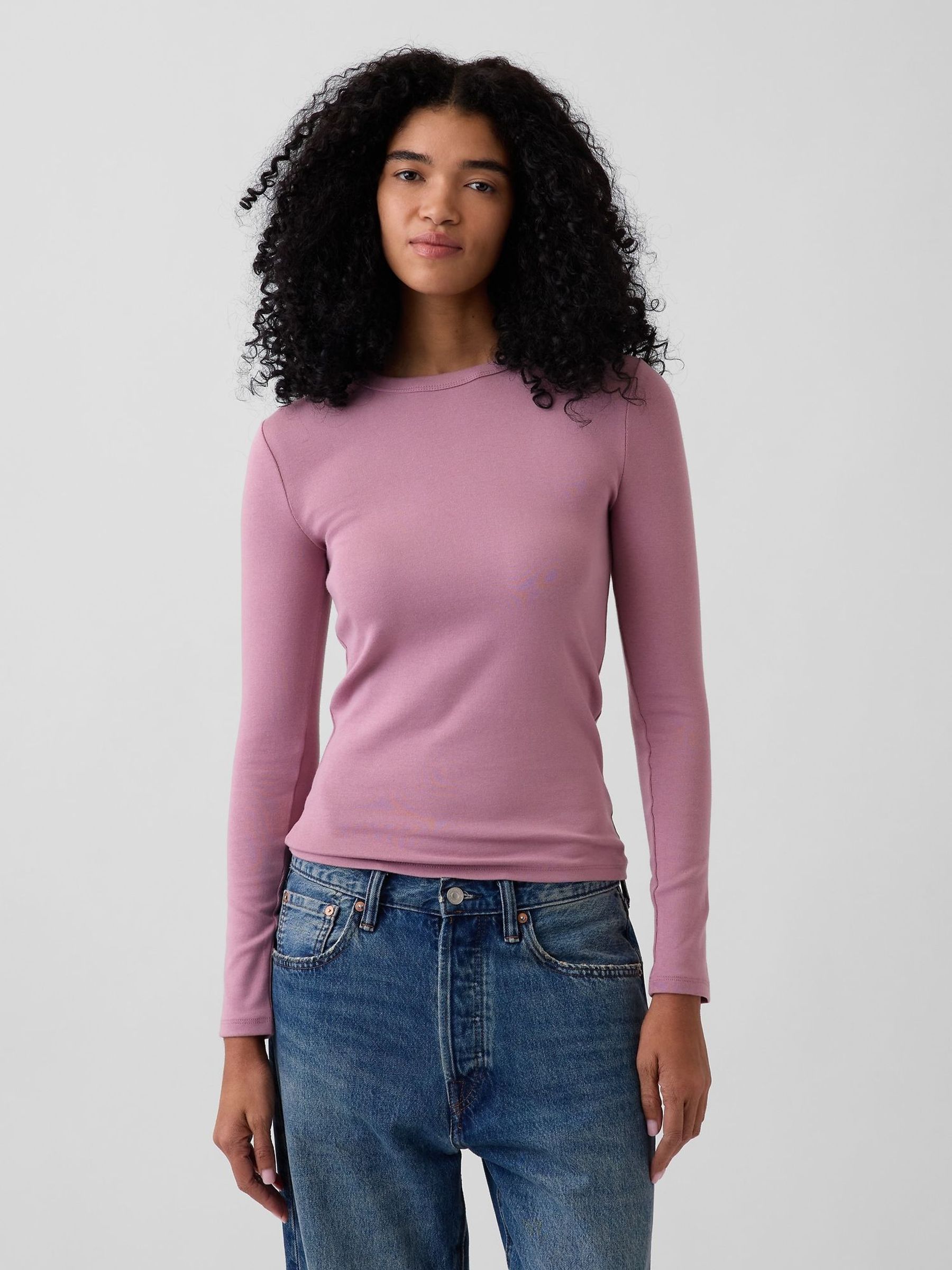 Purple - Modern Crew Neck Long Sleeve T-shirt