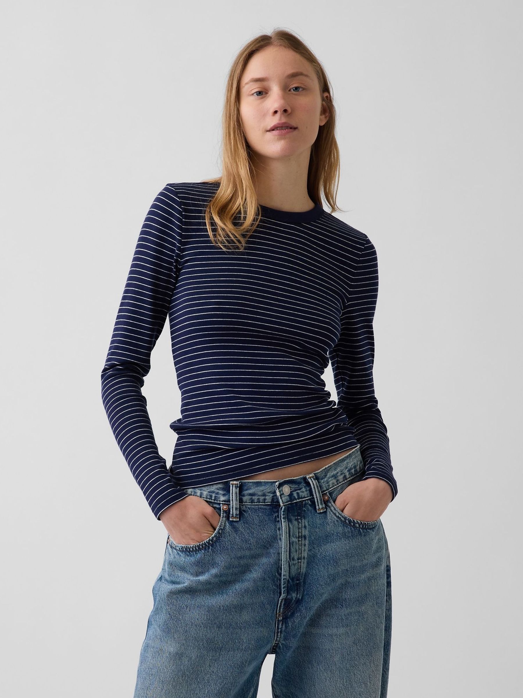 Navy Stripe - Modern Long Sleeve T-shirt