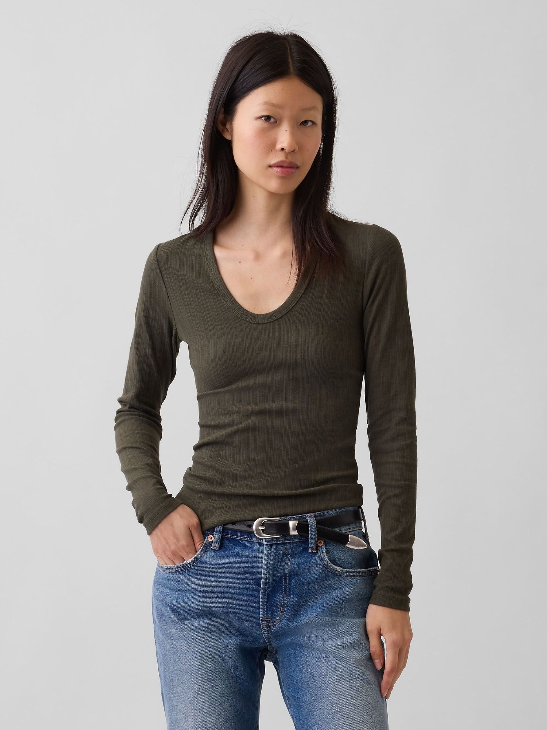 Olive Brown - Sheer Modern Rib Long Sleeve T-shirt