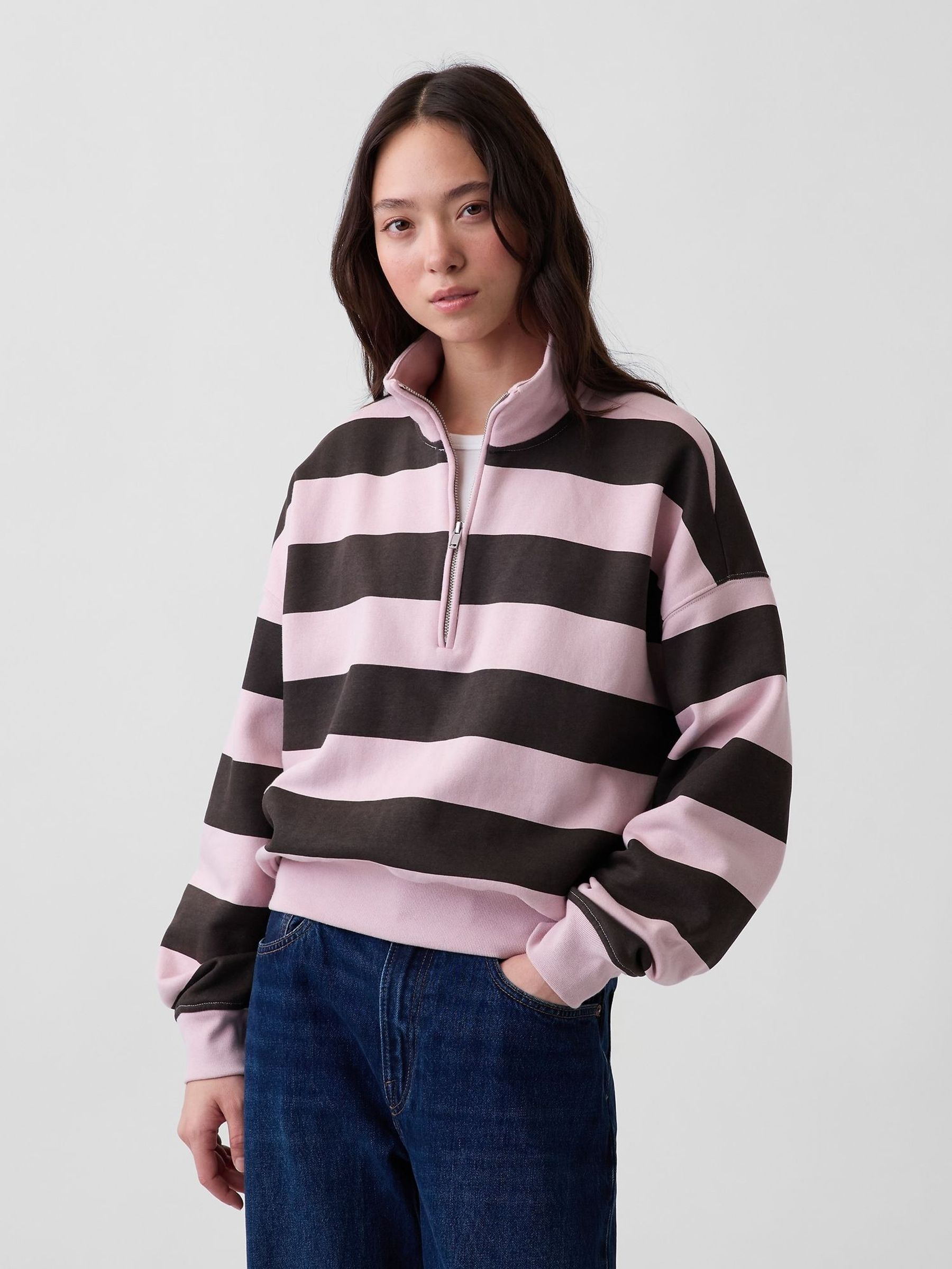 Pink/Brown Stripe - Vintage Soft Oversized Half-zip Wedge Pullover