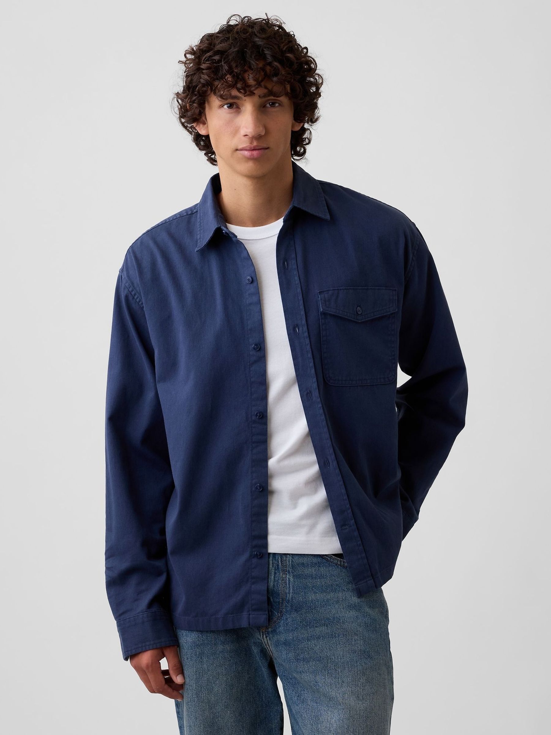 Navy - Regular Boxy Fit Twill Shirt