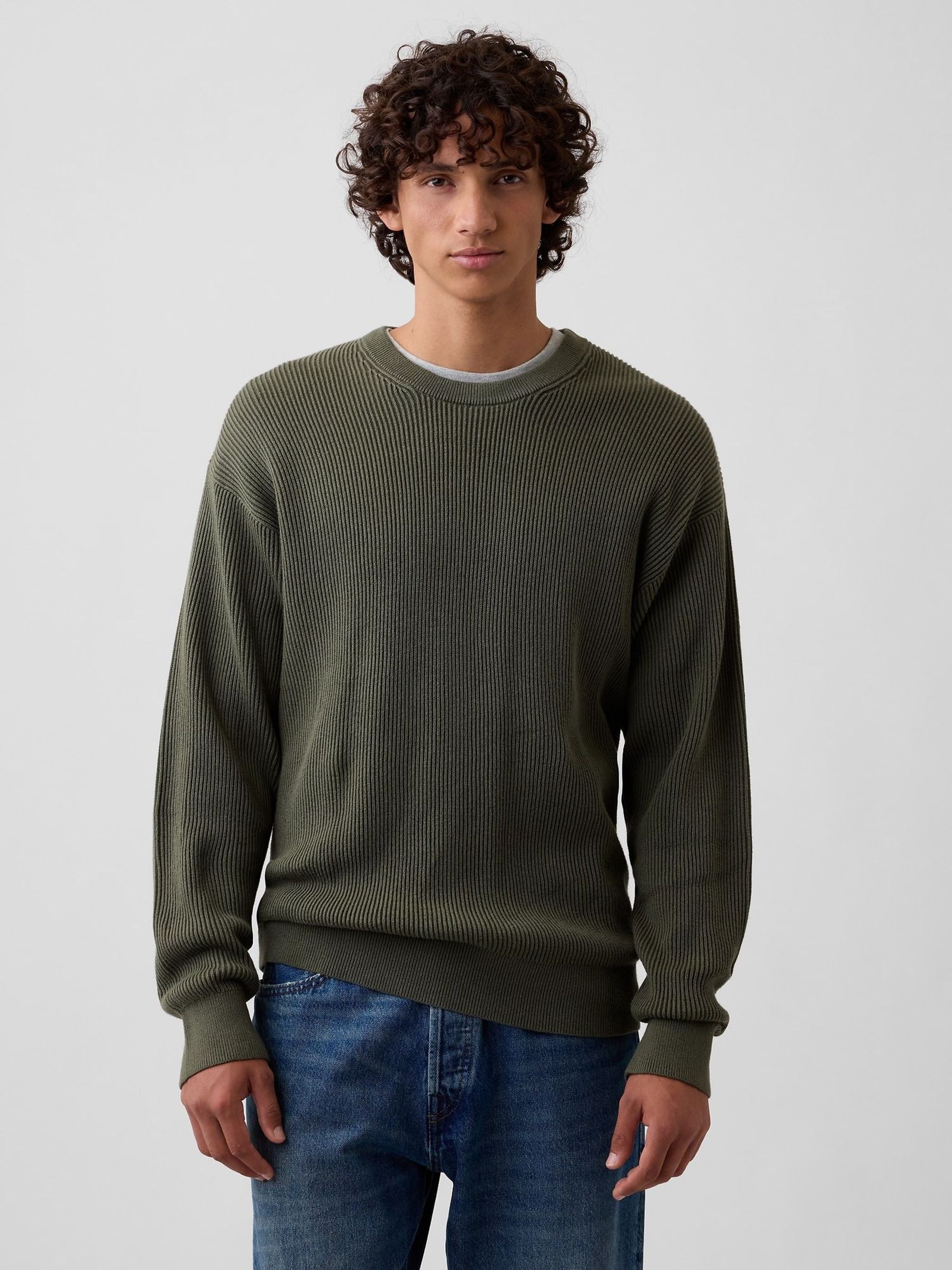 Green - Regular Relaxed Fisherman Stitch Crew Neck Jumper