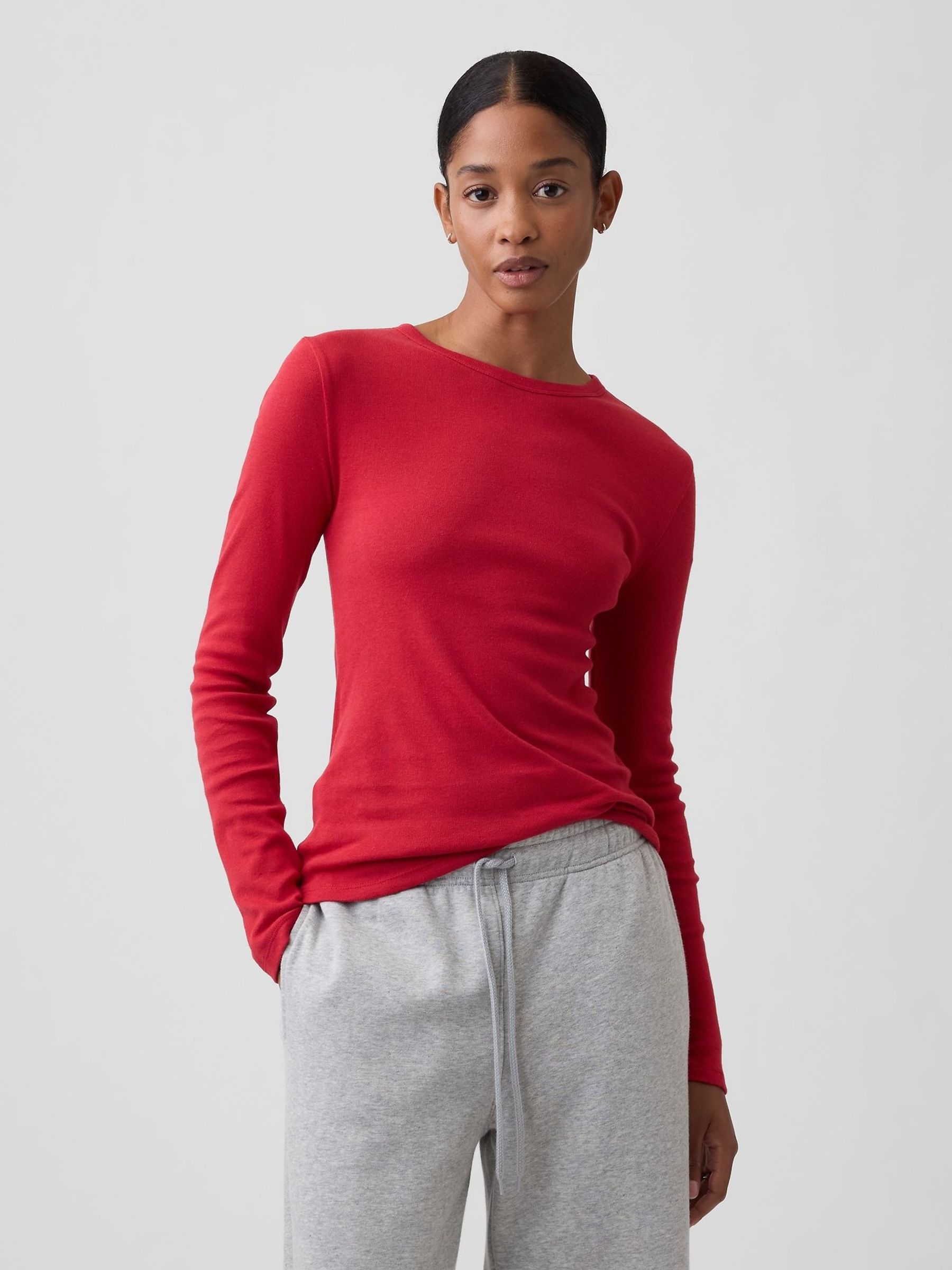 Red - Modern Ribbed Long Sleeve T-shirt