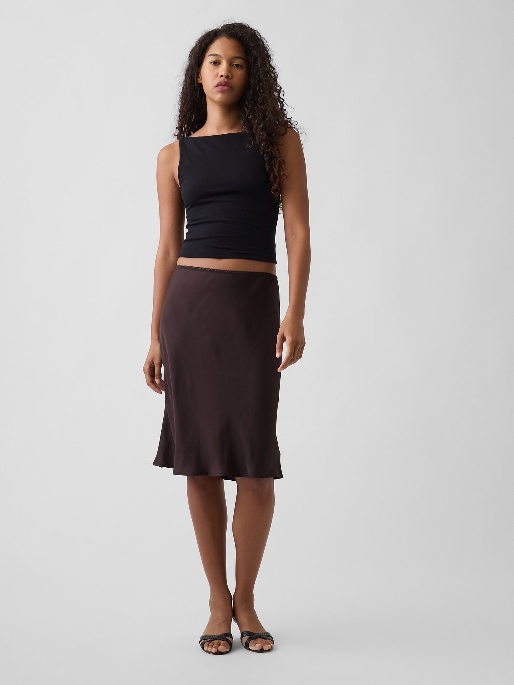 Brown - Satin Bias-cut Skirt