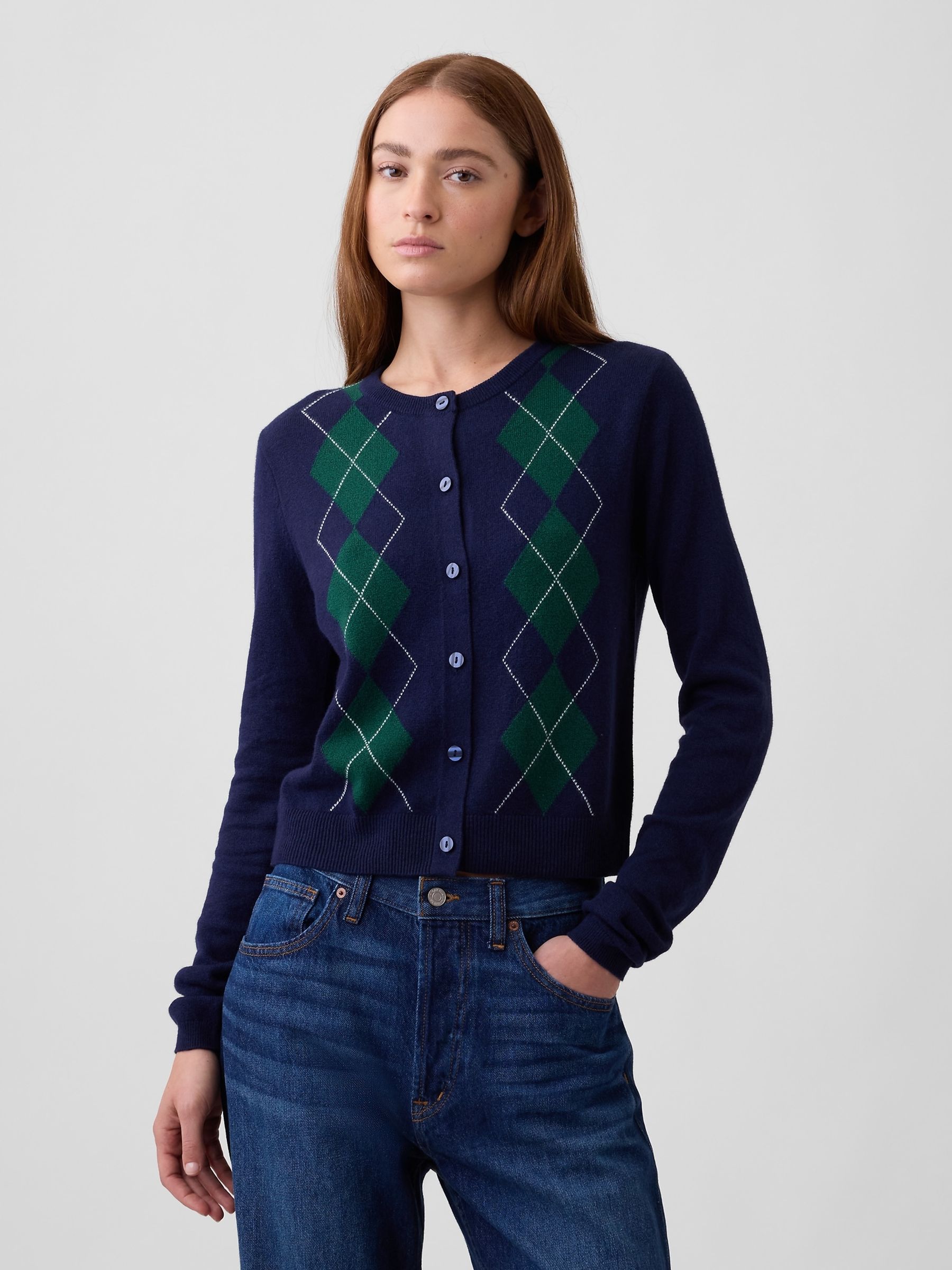 Navy & Green Argyle - Cashsoft Cropped Crew Neck Cardigan