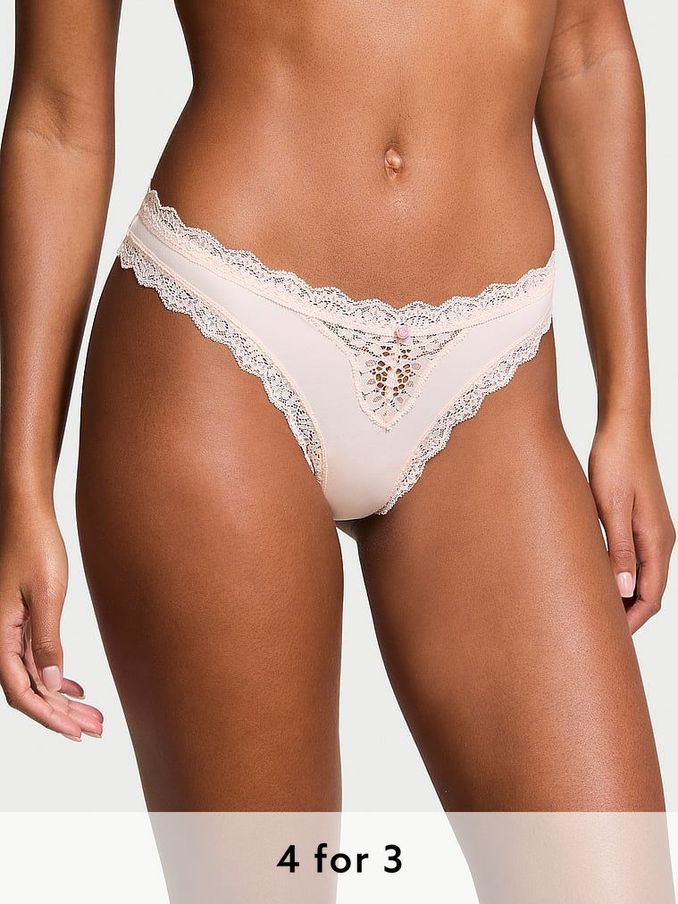 Purest Pink Lace Trim Thong Knickers (E43453) | £14