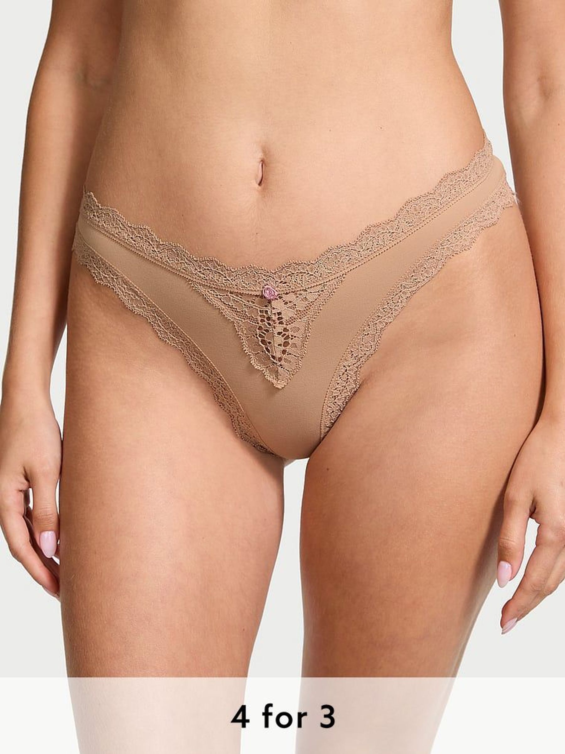 Praline Nude Lace Trim Thong Knickers (E43463) | £14