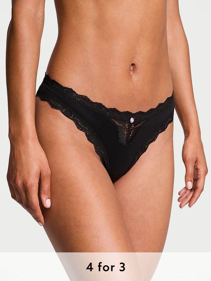 Black Lace Trim Thong Knickers (E43466) | £14