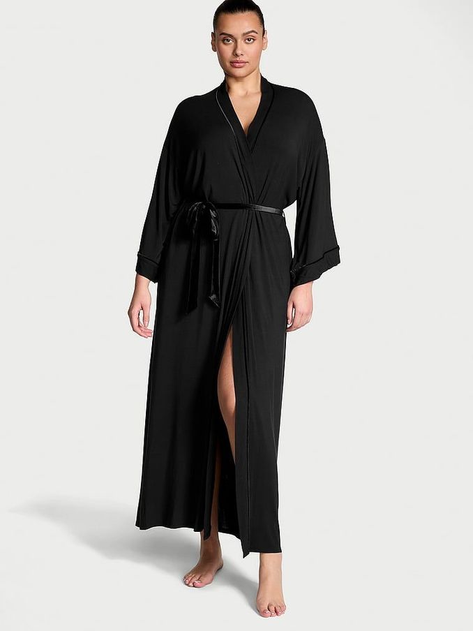 Black Modal Soft Velvet Trim Maxi Robe (E44042) | £59