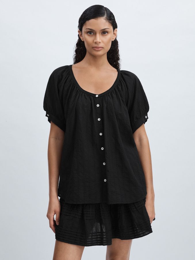 Mille Puff-Sleeve Button-Through Top in Black (E45203) | £89