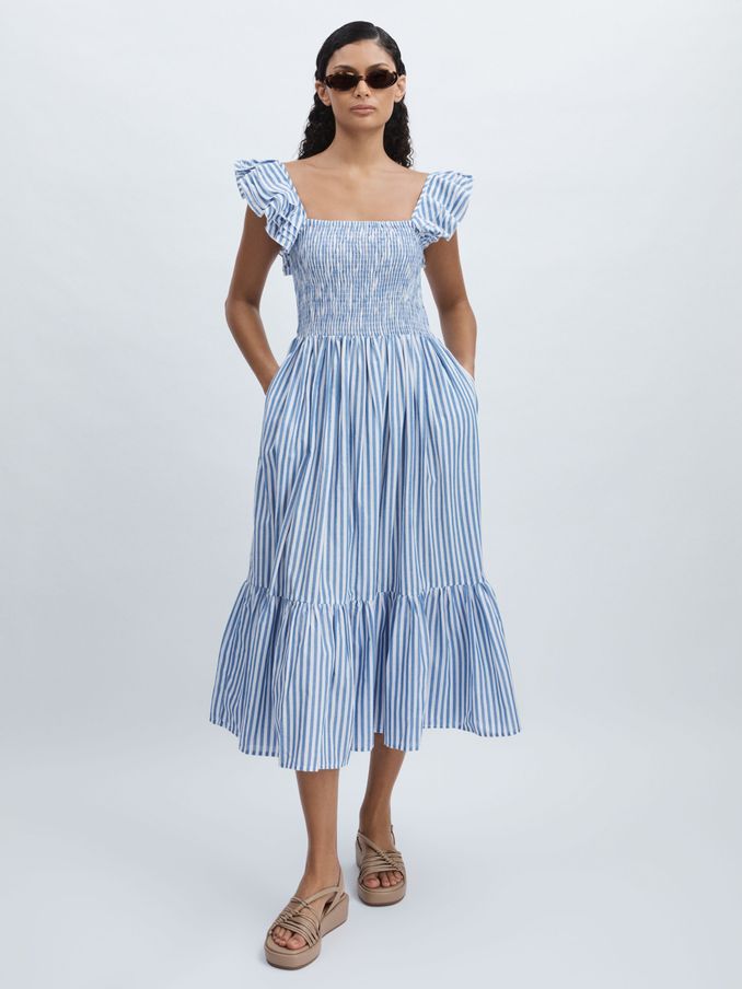 Mille 100% Cotton Striped Ruffle-Sleeve Midi Dress in Blue Stripe (E45223) | £114