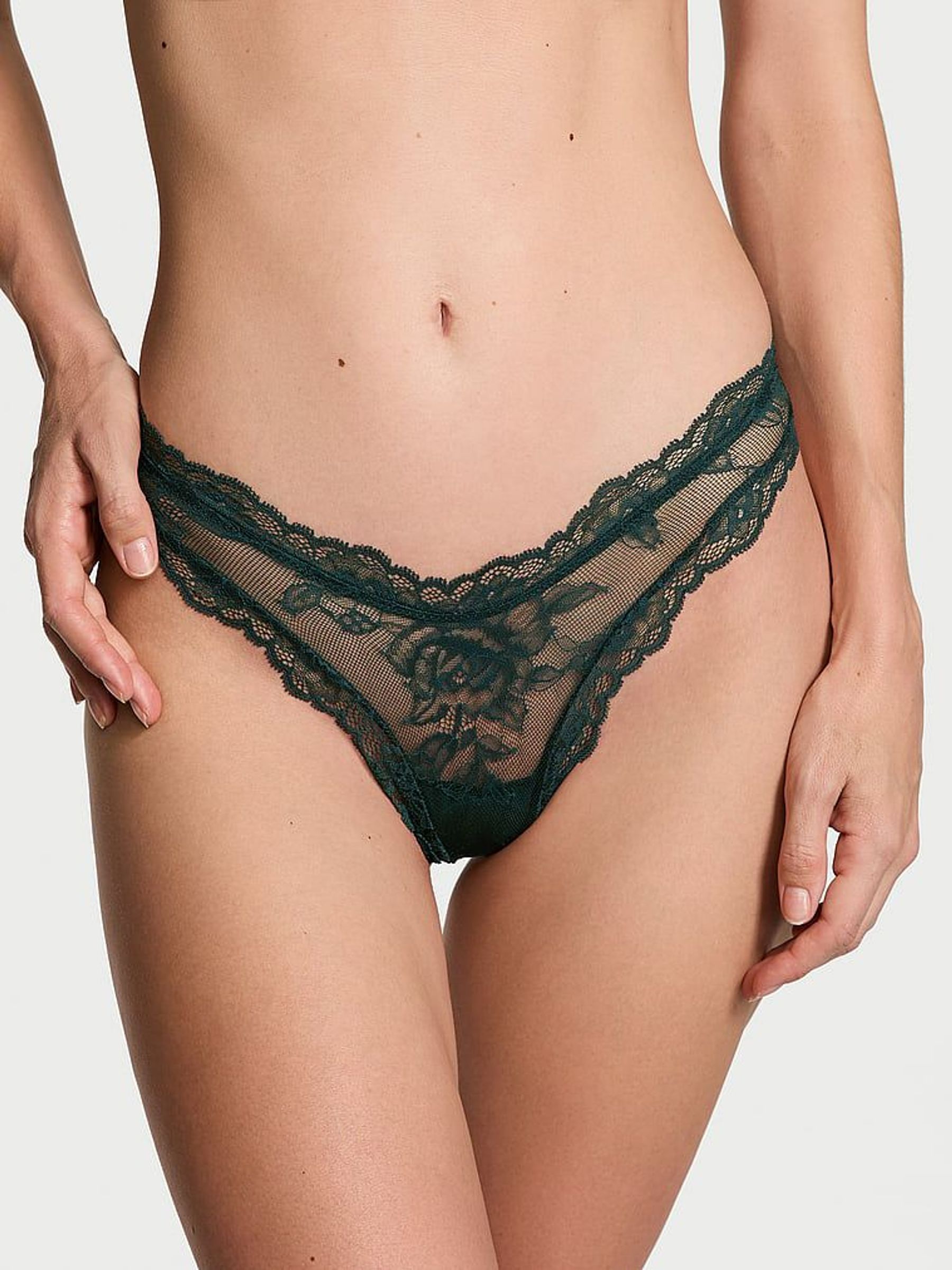 Botanical Green Thong Rose Lace Knickers (E46591) | £9
