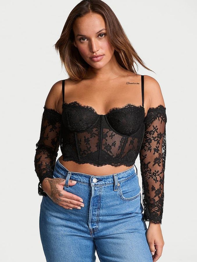 Black Lace Corset Top With Detachable Sleeves (E46596) | £59