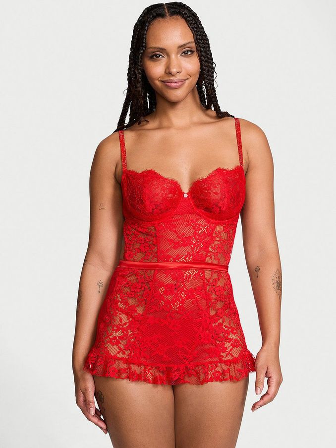 Vermillion Red Twinkle Lace Apron Babydoll (E46627) | £75