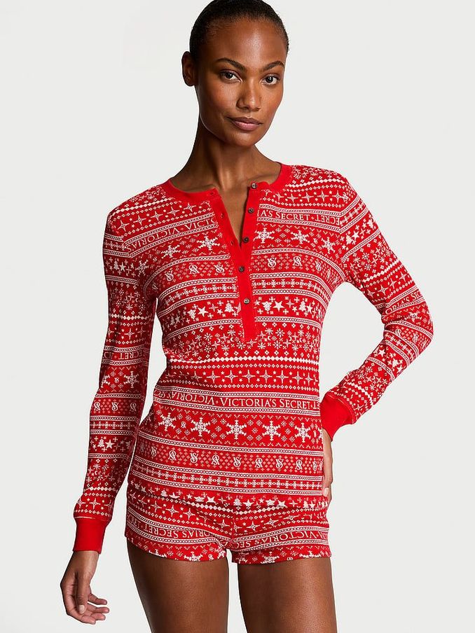 Lipstick Fair Isle Red Thermal Short Pyjama Set (E46639) | £22
