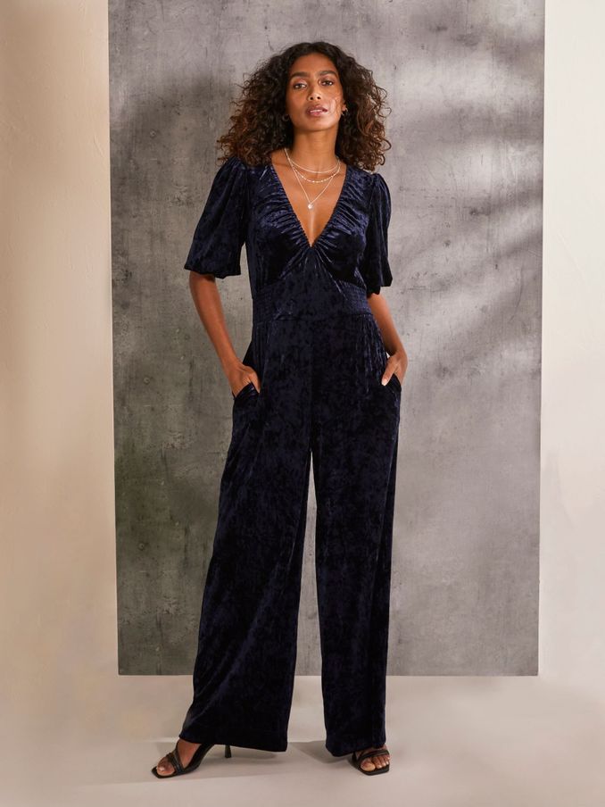 Greta Blue Velvet Jumpsuit (E50442) | £35